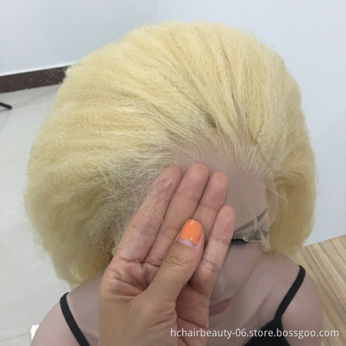 613 Blonde Kinky Straight Remy Human Hair Wig Full Transparent Lace Wigs 613 Blonde 8"-26 Long 150% Density Hair Wigs